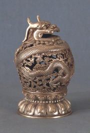 Sahumador bronce plateado, decoración de dragón.