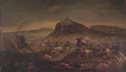 PARROCEL, Joseph. Batalla con los turcos, óleo sobre tela. Mide: 1,24 x 0,72 cm. (Saltaduras en la tela)