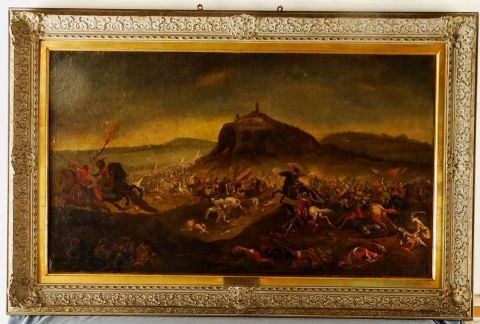 PARROCEL, Joseph. Atribuido, Batalla con los turcos, óleo sobre tela. Mide: 1,24 x 0,72 cm. (Saltaduras en la tela)