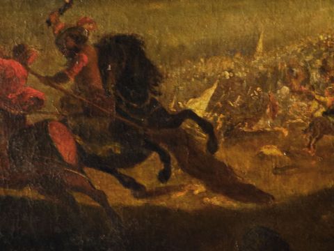 PARROCEL, Joseph. Atribuido, Batalla con los turcos, óleo sobre tela. Mide: 1,24 x 0,72 cm. (Saltaduras en la tela)
