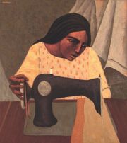 MOLLARI, Mario. Mujer cosiendo, óleo sobre tela (100 x 90 cm.)