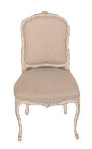 Pz. mesa de ho blanco, tapa de vitrea oval,  con seis sillas estilo L. XV, tapizado beige