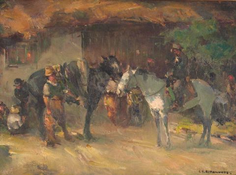 RIPAMONTE, Carlos. Personajes con caballos, óleo sobre tela, firmado. 55, 5 x 40