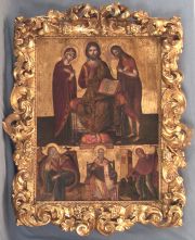Icono ruso con Cristo bendiciente, Virgen Mara y santos, marco de madera tallada. 068 x 051