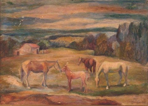 FIORAVANTI, Octavio. Paisaje con caballos y rancho, óleo. 50 x 70 cm.