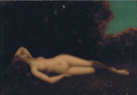 HENNER, J.J. Desnudo femenino recostado sobre paisaje, óleo sobre tela firmado. 054 x 037