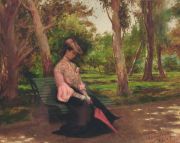 SAINZ, J. Camarero, 1904. Dama en el parque, leo