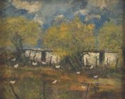 USANDIVARAS, José. Rancho con gallinas, pastel. 'La casa en los Aromos'. 22 x 28 cm