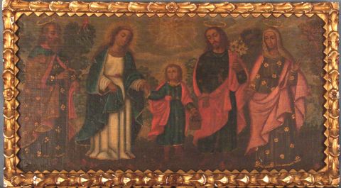 LA VIRGEN, SAN JOSE Y EL NIÑO, óleo sobre tela con marco de madera tallada. (rectangular, chico) (485)