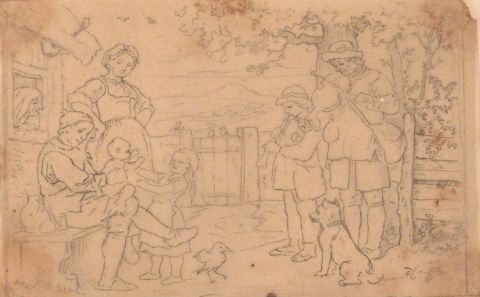 RICHTER, Ludwig. Campesinos frente a una granja, dibujo al lpiz.