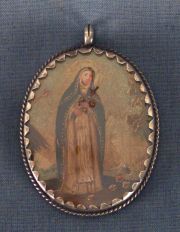Virgen y santo miniatura oval, doble.