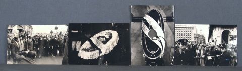 Juan Domingo Perón. Dos afiches referidos a su vuelta a la Argentina y cuatro fotografias referentes a su muerte.