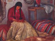 RADICE, Luis E. Mapuche tejiendo, óleo, Esquel 1912 (1 x 1,20 cm)