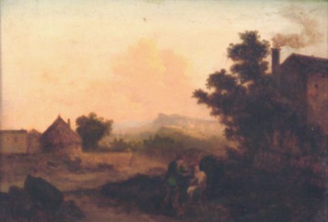 Constable, atribuido, Paisaje con figuras, óleo sobre tabla. Firmado abajo a la izquierda.