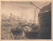 LOGI, Adolfo. Puerto con barcos y botes, aguafuerte firmada 1928. 60 x 49,5.