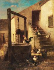 Jacque, Patio con aljibe y gallina, leo, marco con averas. Chapita Jacque Charles 1813-1894