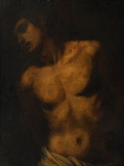 San Sebastián, óleo anónimo restaurado, averías. Mide: 105 x 77 cm.