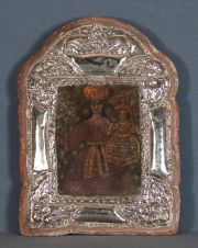 Virgen con niño, peq. óleo, marco repujado