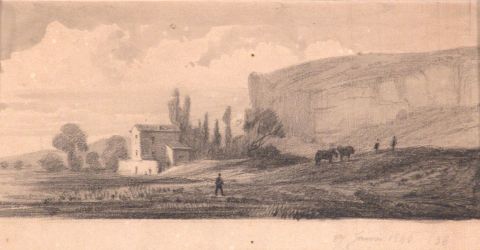ANONIMO. Paisaje campestre con construcciones, dibujo 1845.