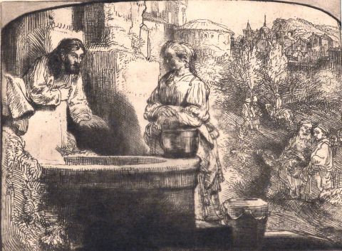 REMBRANDT. Cristo con la mujer de Samaria, aguafuerte.