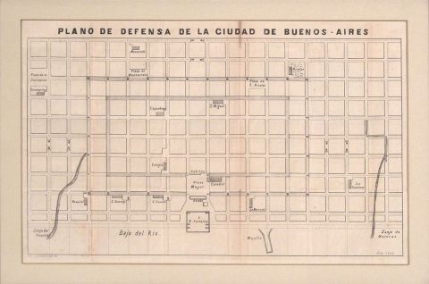 PLANO DE DEFENSA DE LA CIUDAD DE BUENOS AIRES, litografía enmarcada.