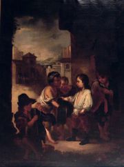 Niños en el pórtico, óleo Anónimo italiano. Deterioros en la tela.