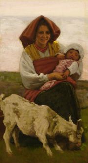 Aldeana con niño y cabra, óleo anónimo 127 x 70 cm.