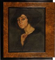 Dama con sombrero, oleo, marco E. art deco