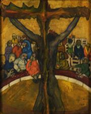 ANONIMO. Cristo crucificado de espaldas, leo sobre tabla, peq.fisura. 33 x 25,5 cm.