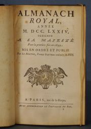 ALMANACH, ROYAL - ANNE. 1774. A S.A. MAJESTIC POR LA PREMIERE... 1699. Par Le Breton. A Paris, Rue de Harpe. Falta