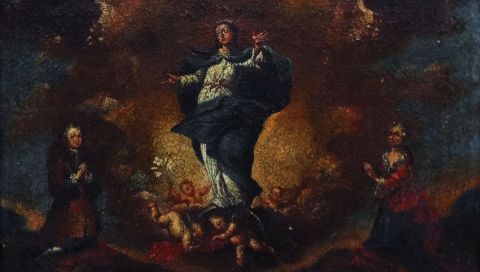 La Inmaculada con donantes, óleo español de 36 x 58 cm.