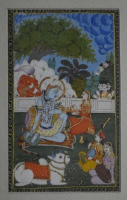 Miniatura, pintura Mogol ilustrando Deidades del panteón Hindu (Shiva y su familia). Mide: 20 x 11 cm.