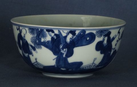 6 Bowls de porcelana azul y blanca de HUE, dec. con personajes. Marca NEIFU. Vietnam, fin siglo XIX.