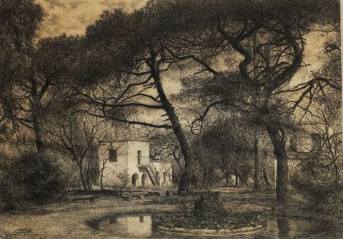FABRE, Eduardo. Quinta de Pueyrredn, San Isidro, La fuente de los Nenfares, dibujo a lpiz, pequesimas averas marco