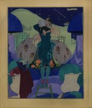 Brunelleschi, Umberto (1879-1949) 'Le baiser sur l'echelle'. Pochoir. 1920. Publicado por 'La Guirlande', Album d'Art