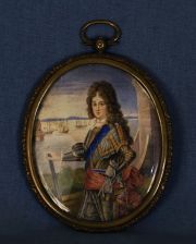 Miniatura oval, retrato de caballero noble. Marco de bronce.