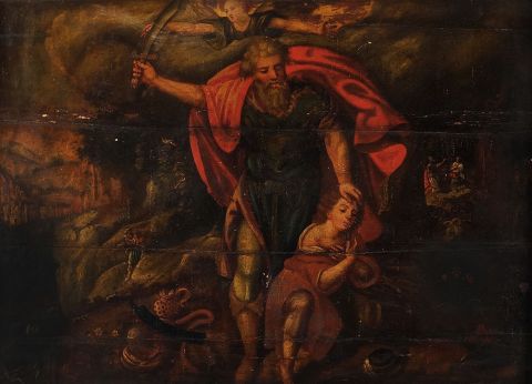 Sacrificio de Isaac , óleo sobre tabla con averías, Anónimo.