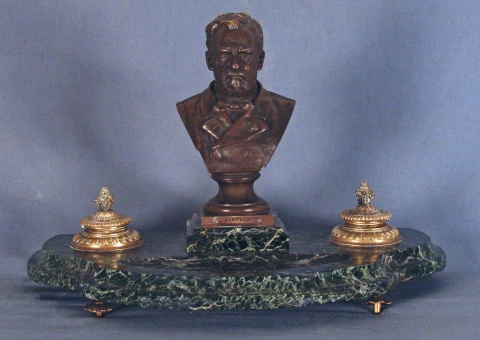 Gaudez, tintero de bronce y marmol,busto Pasteur