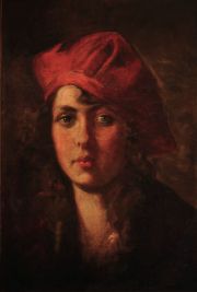 Masic Nikola Joven con gorro rojo, óleo sobre tela. Saltadura.