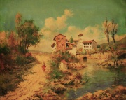 Paisaje con río y casas, óleo firmado Vilalta abajo a la izquerda. Mide: 40 x 50 cm.