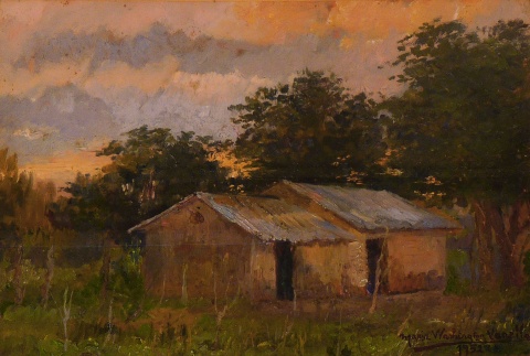 Washington Varella, María. Paisaje con Rancho, óleo firmado en 1952 de 34 x 46 cm. Marco con faltantes.