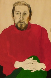 SANTANDER, Cristina. Figura con sweater rojo, Técnica mixta 1974. Dedicado. Mide: 98 x 68 cm