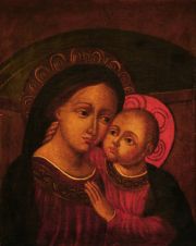 Madonna con Bambino, óleo sobre tela reentelado, Escuela Italiana. 40 x 30 cm.