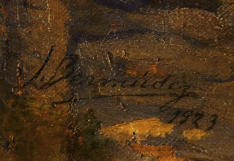 BERMUDEZ, Jorge; Arcada con personajes norteños, óleo sobre tela firmado. Mide: 62 x 56,5 cm.