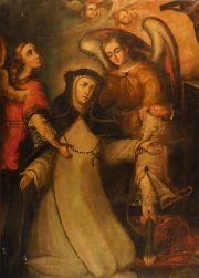 Santa Catalina de Siena custodiada por ángeles, óleo cuzqueño reentelado.