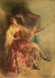 Simonetti, M. AMOR GITANO, acuarela firmada. Mide: 76,5 x 55,5 cm.
