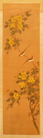 Dos cuadros orientales sobre papel, con aves. (2)
