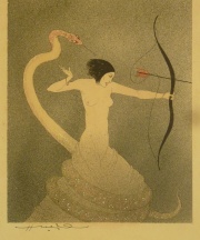 HUERGO, Juan C, Mujer Amazona con serpiente y Mujer con ave. Dos grabados -12-