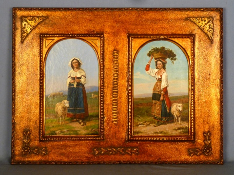 Pietro Della Valle 'Campesinas', 2 óleos en un marco. Miden: c/u 31 x 18 cm.