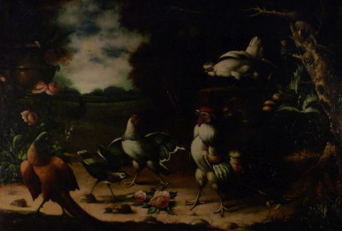 Paisaje con aves, óleo reentelado, Anónimo. Escuela Flamenca. S. XIX
